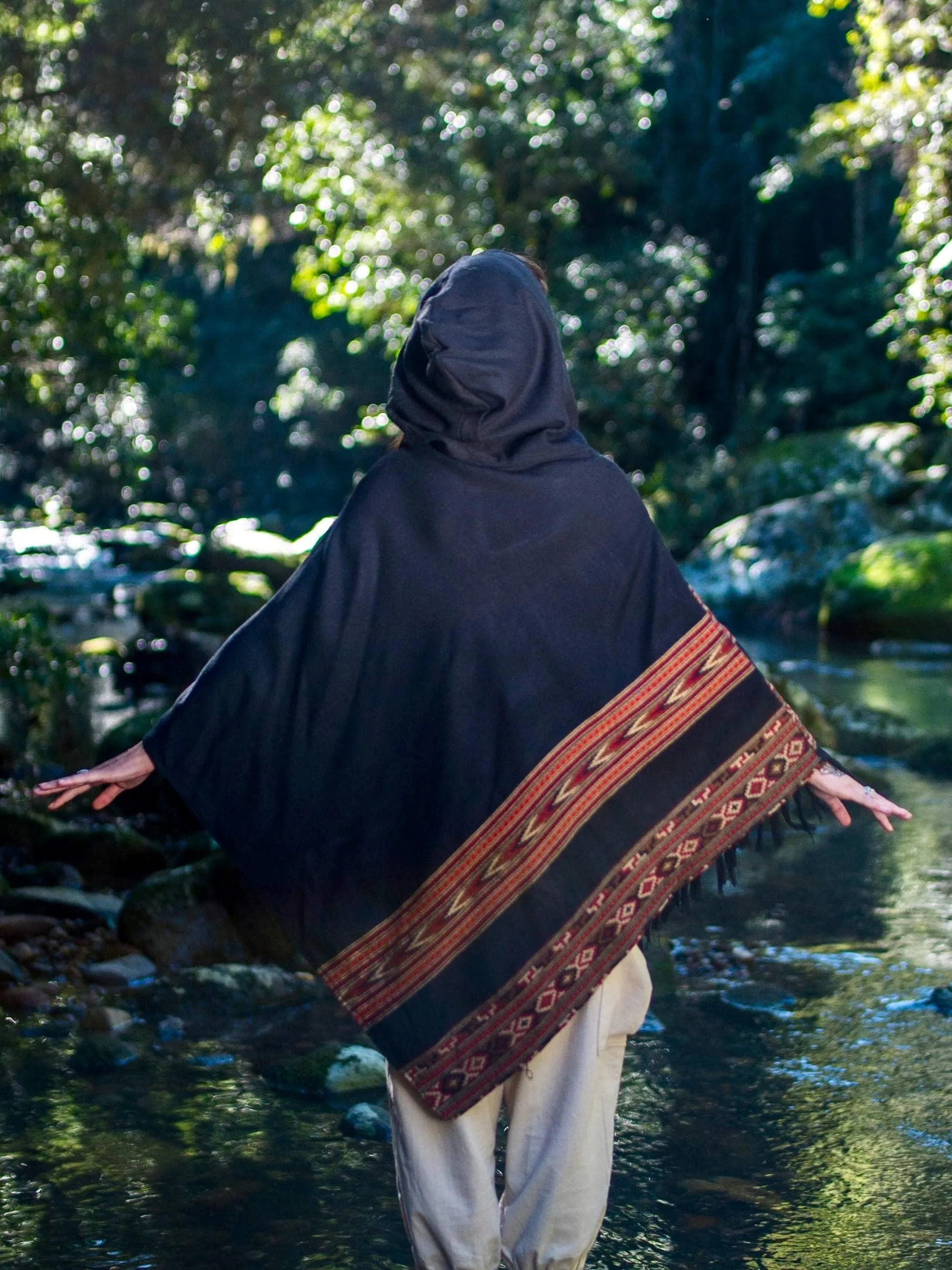 SAMADHI Handmade Poncho Black Yak Wool and Acrylic Wool Blend With Large Hood and Pockets, Earthy Tribal Pattern Festival AJJAYA Mexican