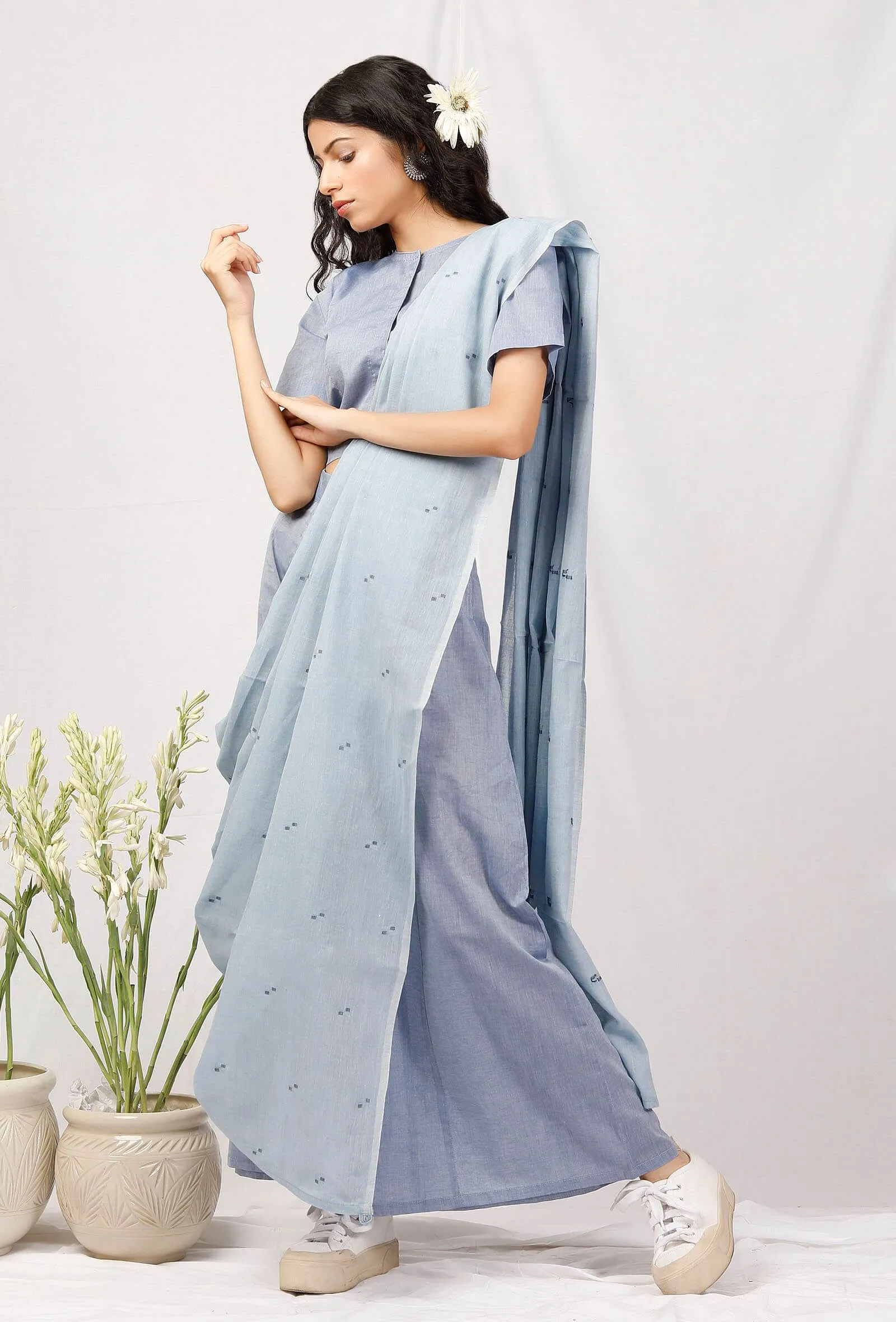 Set Of 3: Chambray Blouse And Culottes With Jamdani Saree