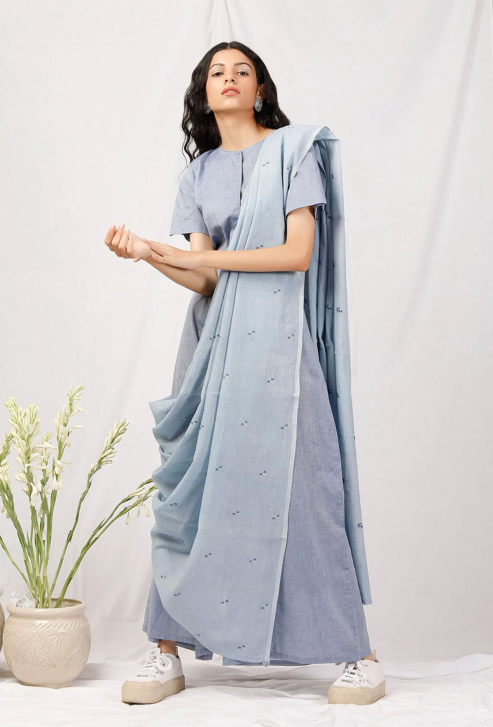 Set Of 3: Chambray Blouse And Culottes With Jamdani Saree