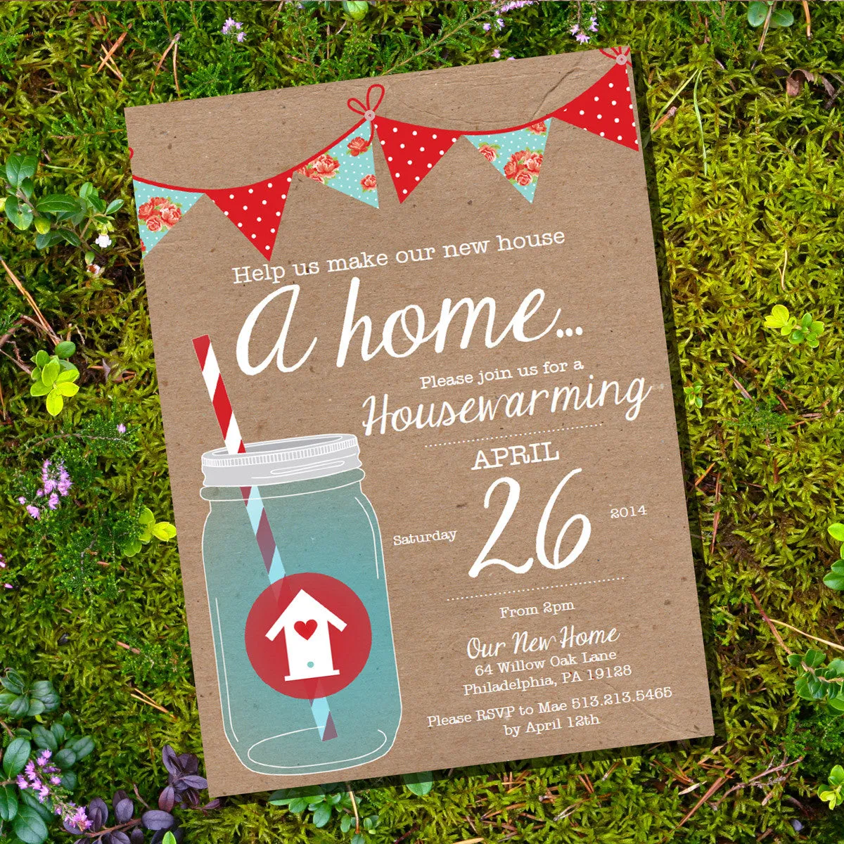 Shabby Chic Red and Blue Housewarming Invitation