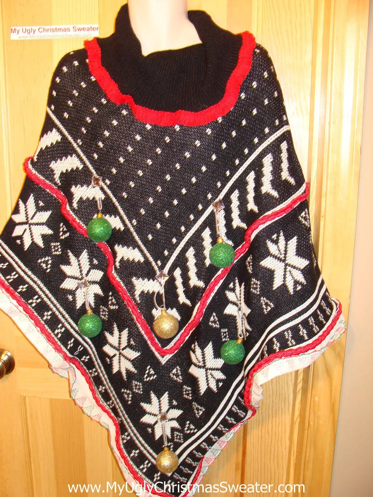 Ugly Christmas Sweater Party Holy Grail of Ugly Sweater Poncho with 3D Ornaments and Garland and Trims. Great Sweater Alternative for Mens XL, XXL or Mens XXXL  (z8)