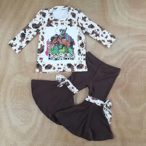 Wholesale girls suit cartoon printing flared pants boutique kids suit