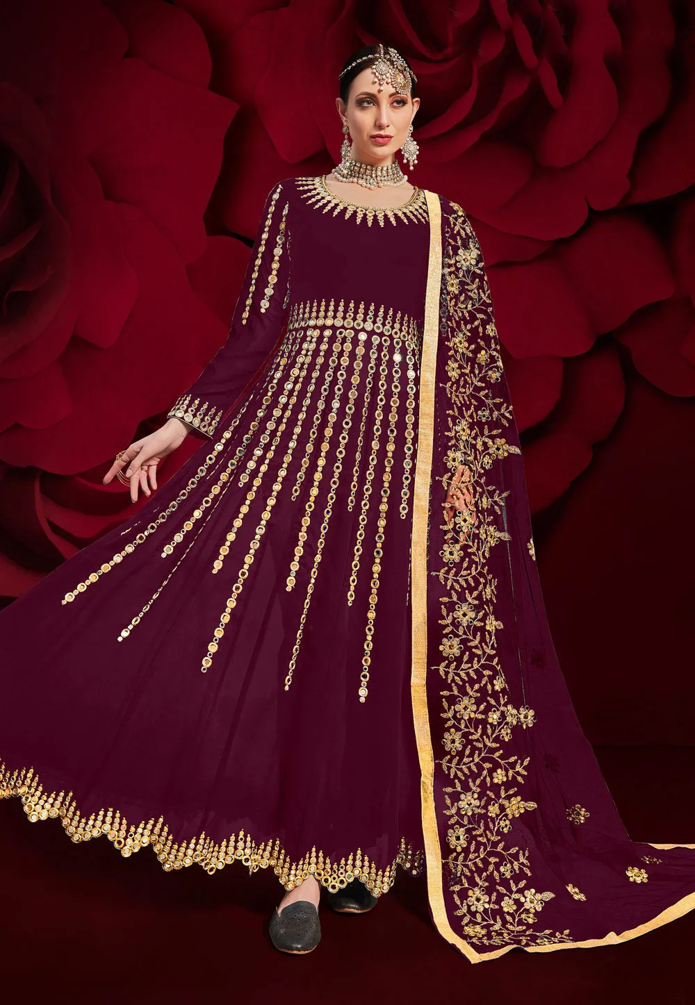 Wine Golden Mirror Work Flared Anarkali Pant Suit