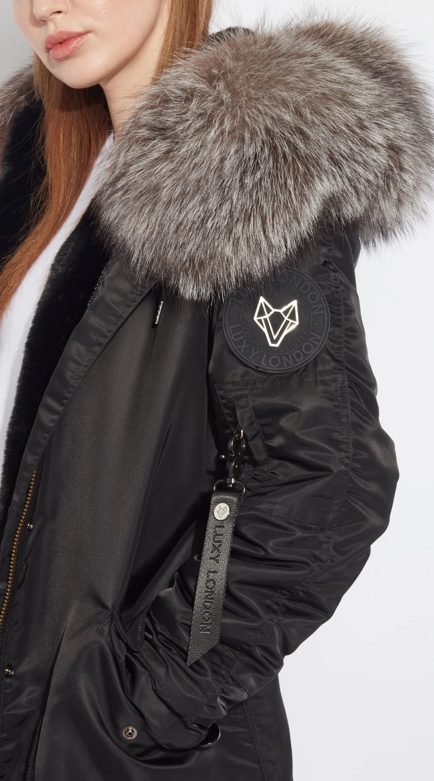 Womens Black Water-Repellent Luxy Fur Parka - 3/4 Silver Frost Fox