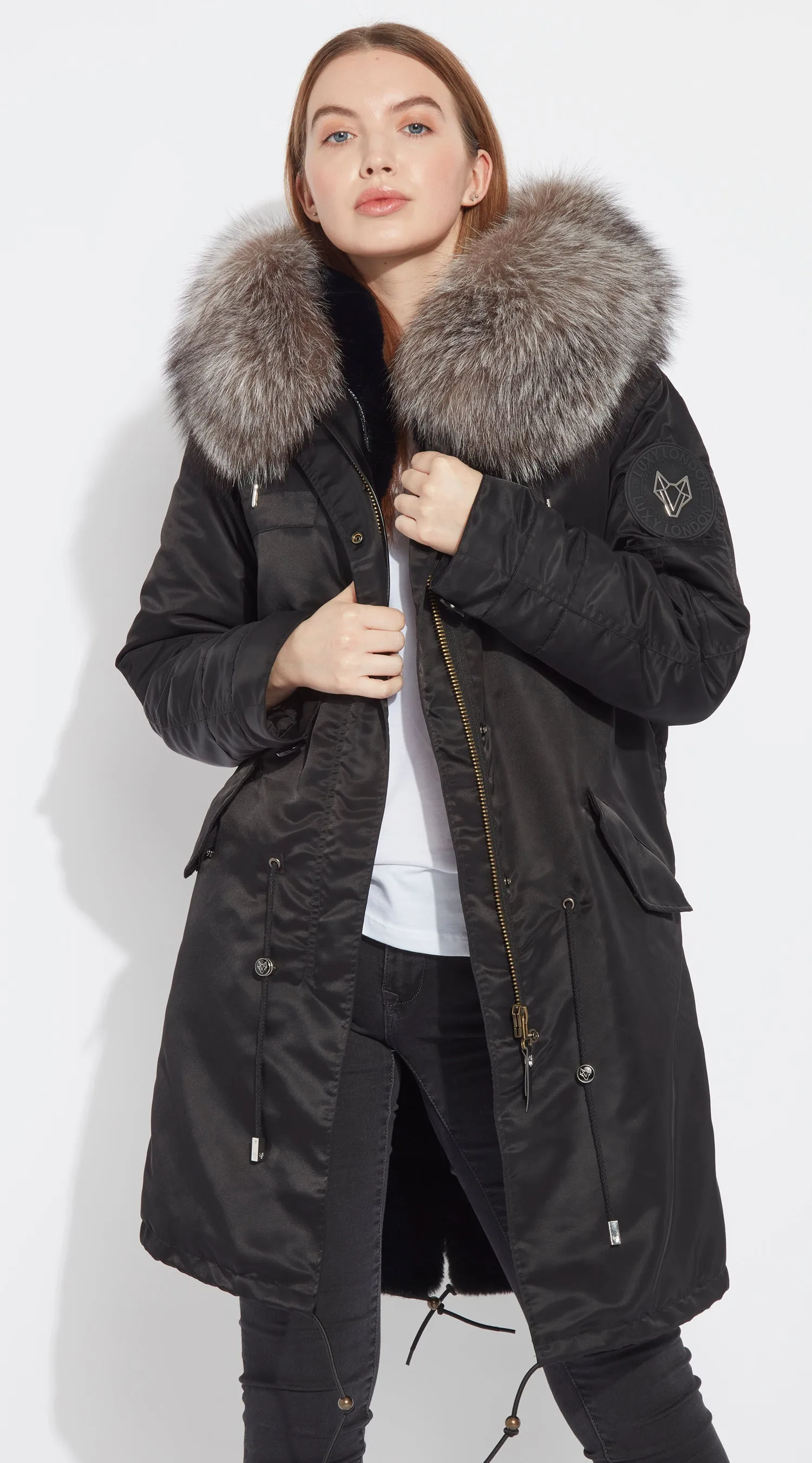 Womens Black Water-Repellent Luxy Fur Parka - 3/4 Silver Frost Fox